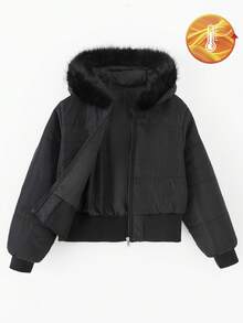 Sparklyn Tween Girls' Winter Zip-Up Hooded Ribbed Waist Faux Fur Collar Short Down Jacket - Black - View 3