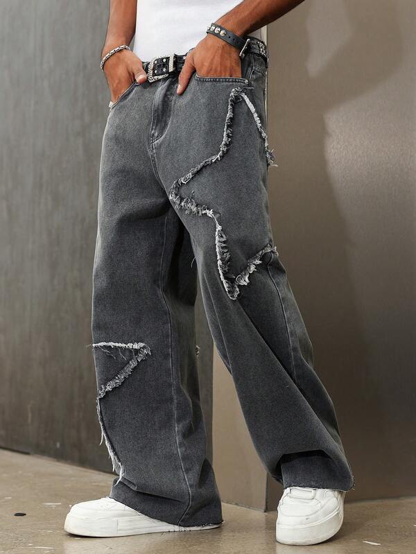 Manfinity EMRG Pantalones anchos y sueltos con lavado desgastado y parche de estrella para hombres, estilo urbano