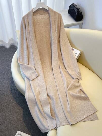 Franclia Dam Casual Lång Kofta, Höst/Vinter Beige Kofta Öppen Fram Kofta Långärmad Kofta Stickad Kofta Dam Kofta