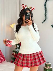 Rafferiza Women's Crew Neck Solid Color Long Sleeve Fitted Casual Knit Sweater Christmas - Beige - View 1