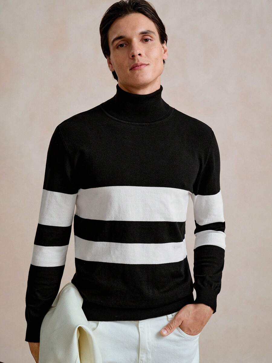Manfinity Mode Men's Striped High Neck Loose Casual Knitted Color Block Long Sleeve Sweater, Autumn/Winter, For Going Out, Husband