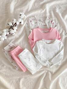 SHEIN 3件套女婴可爱兔子和花朵印花长袖上衣和裤子睡衣套装 - 彩色 - 查看 7