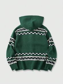 ROMWE MEN Street Life كنزة صوفية كاردجان كاجوال طويلة الأكمام بقبعة ذات لون متباين وطراز عتيق - أخضر - مشاهدة 2