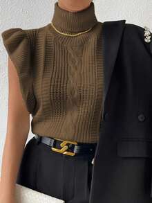 Islaluna Chaleco de punto de mujer de unicolor con cuello alto y dobladillo con volantes, versátil y casual