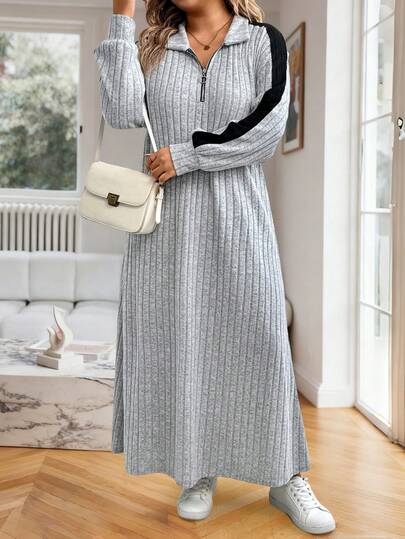 EMERY ROSE 加大码女式连帽连衣裙，半拉链长袖休闲百搭长款宽松 V 领舒适设计