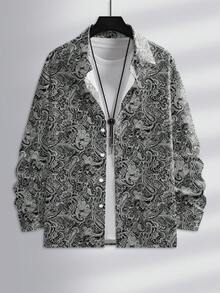 Manfinity Homme 男士佩斯利印花单排扣长袖衬衫，舒适秋冬款式，适合冬季、圣诞节等各种场合，也是外出穿着的理想选择。 - 彩色 - 查看 3