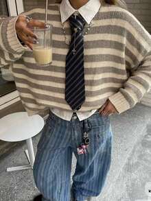 EMERY ROSE Große Größen Farbblock gestreifter Strick Langarm Rundhals Pullover - Verschiedenfarbig - Übersicht 1