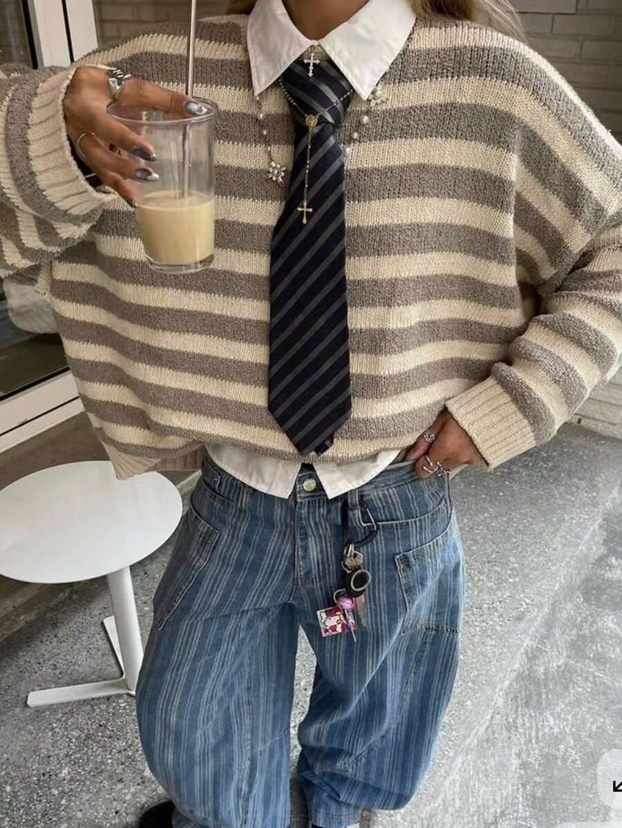 EMERY ROSE Große Größen Farbblock gestreifter Strick Langarm Rundhals Pullover - Verschiedenfarbig - Übersicht 1