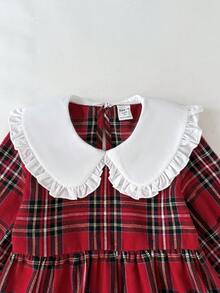 SHEIN 格子领宽松A字长袖连衣裙，圣诞格子连衣裙，姐妹裙 - 紅色 - 查看 6