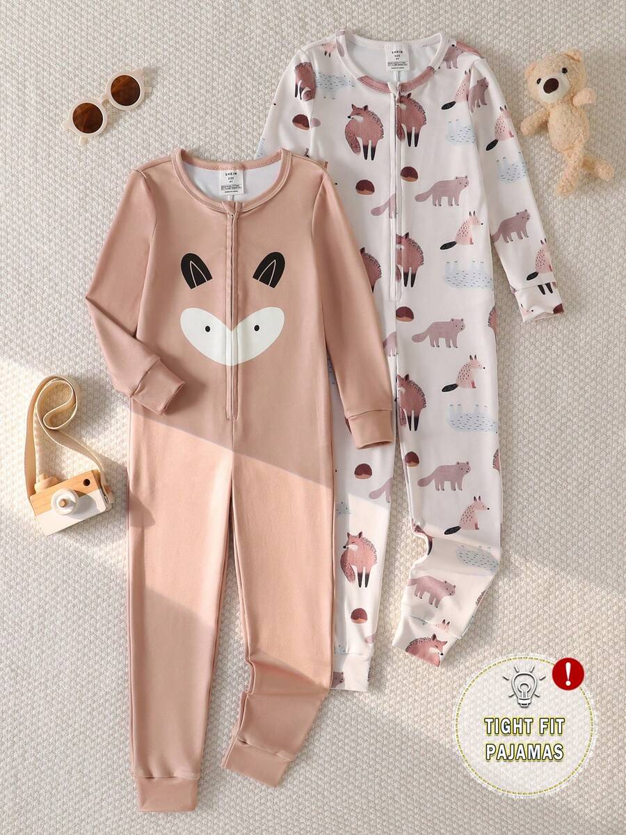 2件套男童卡其色森林动物狐狸印花长袖连体衣舒适睡衣 - 卡其色 - 查看 1