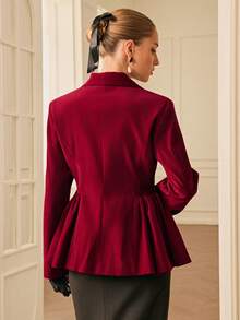 Chiquease 女式天鹅绒泡泡袖翻领长袖夹克 - 紅色 - 查看 2