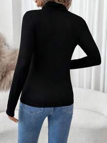 SHEIN LUNE 女士休闲高领长袖紧身打底T恤，适合秋冬季节穿着，休闲百搭。 - 黑色 - 查看 2