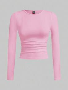 SHEIN EZwear 休闲百搭多色针织女式修身T恤多件装上衣纯色上衣女式长袖上衣紧身上衣，秋季，女士秋装长袖上衣 - 粉色 - 查看 3