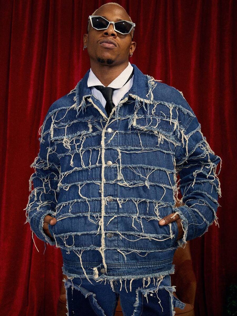 PAVTROS 男士长袖单排扣做旧流苏牛仔夹克，圣诞节 - 藍色 - 查看 1