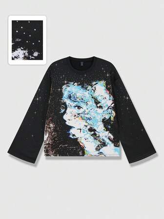 Street Life Camiseta casual de hombre con estampado gráfico y adornos de rhinestone, otoño