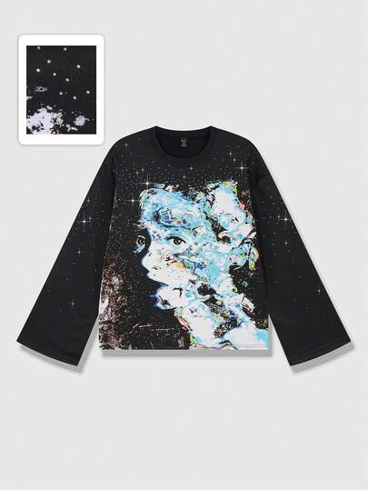 Street Life Camiseta casual de hombre con estampado gráfico y adornos de rhinestone, otoño