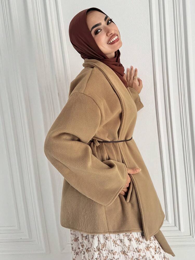 Stylish Short Belted Overcoat With Reversible Lapel, Thick Winter Jacket For Women Modest Fashion