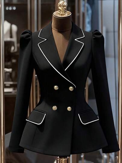 Franclia Chaqueta de mujer tipo blazer de cintura ceñida con botones metálicos de doble botonadura y ribete de contraste en color caqui, elegante prenda exterior para primavera/otoño, atuendo casual de negocios, hermosa chaqueta de traje para mujer