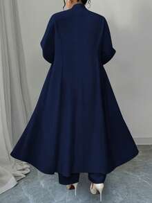 SHEIN Tall CURVE Bộ 2 món Elenzga cỡ lớn cho nữ, màu trơn, cổ cài nút, áo khoác dài và quần dài - Màu xanh hải quân - Xem 2