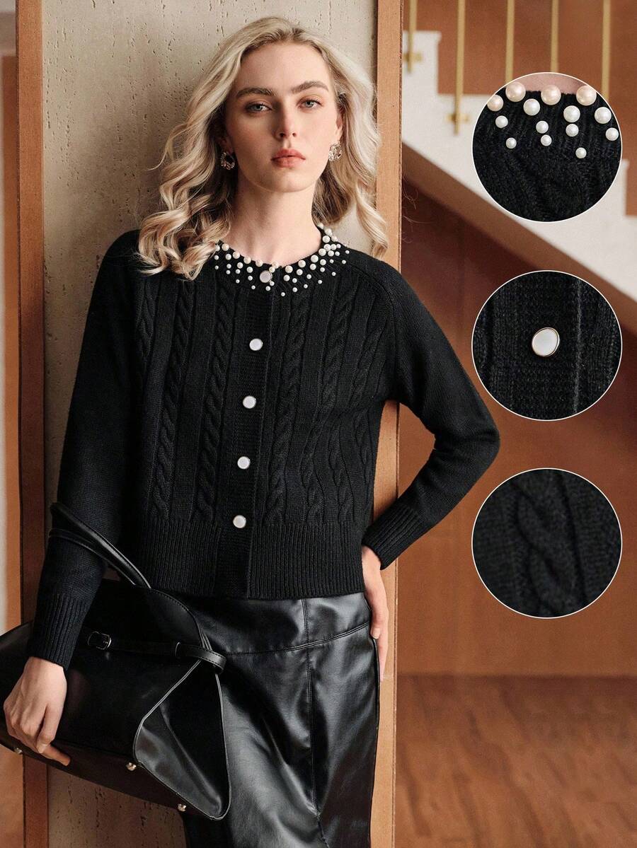 Suéter de punto negro de manga larga minimalista para mujer Uhlyne, elegante blusa casual con cuentas para ir a la oficina, la escuela o el trabajo en otoño - Negro - Ver 1
