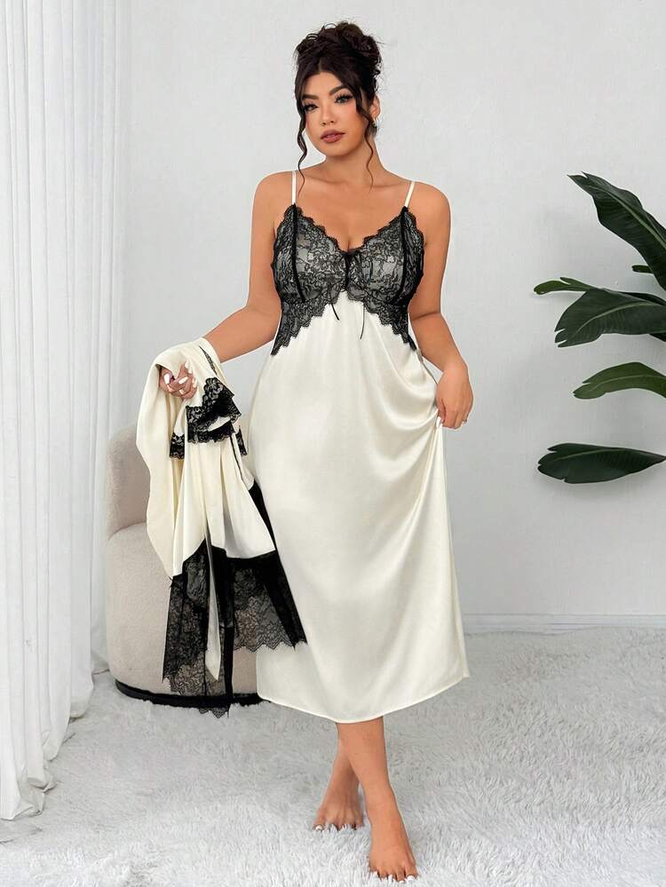 Dazy Plus 2pcs Elegant Contrast Lace Sleeveless Dress And Loose Open Front Robe Pajama Set, Plus Size Women Spring/Autumn Fall Winter Clothes