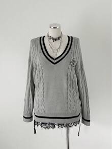 Sunspun Suéter holgado de punto con hombros caídos y rayas para mujer de talla grande, nuevo diseño de otoño/invierno - Gris - Ver 3