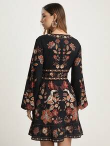 CAJUNI Women's Casual V-Neck Long Sleeve Black Floral Print Short Dress, Suitable For Dates And Vacations, Autumn  Women Dresses Autumn Winter Elegant Dresses For Women - Multicolor - View 2