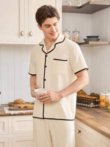 CoupledUp 杏色泡泡领开衫短袖男士睡衣套装 - 杏色 - 查看 5