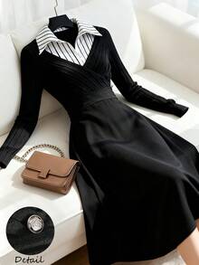 GlowEve Women's Casual Striped Patchwork Mid-Length Dress, Autumn/Winter - Multicolor - View 7