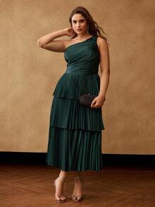 MOTF PREMIUM CHRISTMAS PLUS SIZE ASYMMETRICAL NECK PLEATED DRESS - Green - View 5