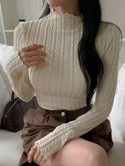 DAZY 1pc Women Solid Color Textured High Neck Slim Fit T-Shirt, Autumn New Arrival Long Sleeve Women Tops,Fall Women Clothes