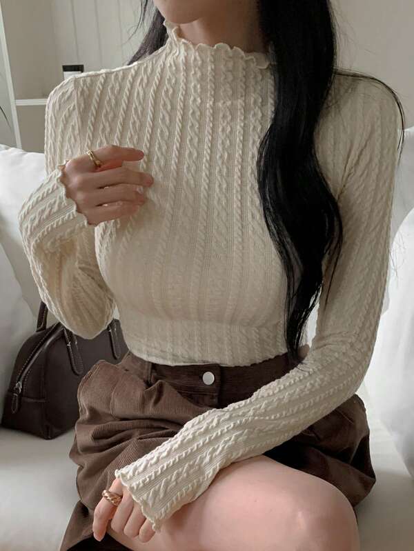 DAZY 1pc Women Solid Color Textured High Neck Slim Fit T-Shirt, Autumn New Arrival Long Sleeve Women Tops,Fall Women Clothes