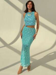 Aloruh Women's Sexy Sequin Criss-Cross Backless Cropped Tank Top, Suitable For Party, Vacation - Blue - View 3