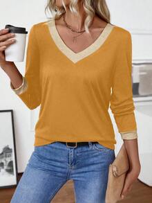 EMERY ROSE Women's Autumn Long Sleeve Colorblock V-Neck T-Shirt Graphic Tees Women Tops For Spring - Multicolor - View 6
