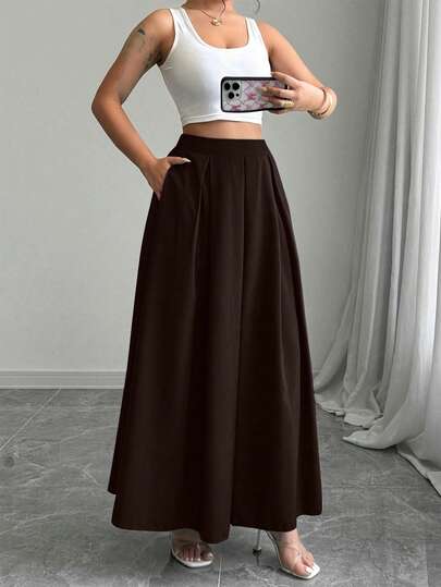 SHEIN Tall Elegant enfärgad plisserad lång kjol, lämplig för pendling