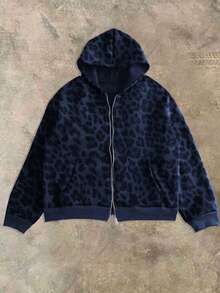Manfinity Dauomo Men's Casual Leopard Print Zip-Up Hoodie Sweatshirt, Long Sleeve Top - Navy Blue - View 3