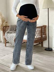 SHEIN Maternity Casual Washed Color Block High Waist Tapered Jeans - Medium Wash - View 3