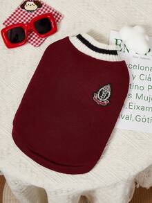 PETSIN 学院风酒红色可爱温暖厚实休闲宠物毛衣，适合猫狗，秋冬季 - 酒紅色 - 查看 1