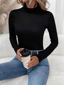 SHEIN LUNE 女士休闲高领长袖紧身打底T恤，适合秋冬季节穿着，休闲百搭。 - 黑色 - 查看 4