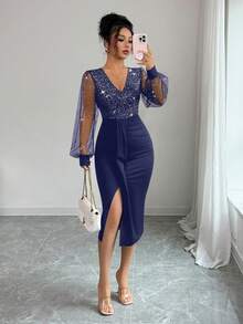 EMERY ROSE 女式亮片闪亮V领网眼拼接闪光派对连衣裙 - 藏蓝色 - 查看 6