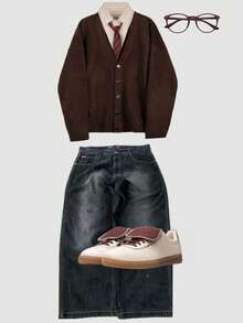 Manfinity Dauomo Men's Fashion V-Neck Button Front Long Sleeve Casual Knit Cardigan, For Winter - Coffee Brown - View 1