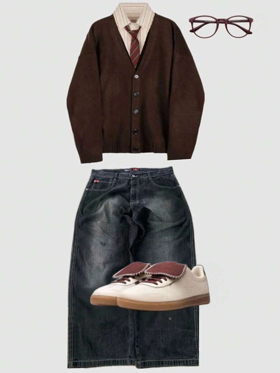 Manfinity Dauomo Men's Fashion V-Neck Button Front Long Sleeve Casual Knit Cardigan, For Winter - Coffee Brown - View 1