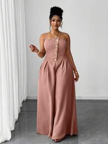 Maweii 大码女式优雅别致纯色金属纽扣褶皱宽松阔腿连体裤，夏季 - 藕粉色 - 查看 3