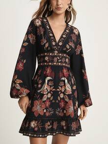 CAJUNI Women's Casual V-Neck Long Sleeve Black Floral Print Short Dress, Suitable For Dates And Vacations, Autumn  Women Dresses Autumn Winter Elegant Dresses For Women - Multicolor - View 6