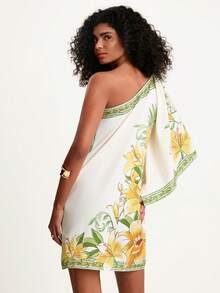 CAJUNI فستان قصير كاجوال للنساء بطبعة زهور باللون الأصفر والأخضر على الكتف، مناسب للخروجات والمناسبات الرسمية وحفلات الموسيقى - متعدد الألوان - مشاهدة 2