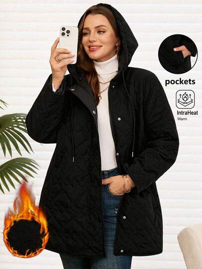 EMERY ROSE 大码女式冬季休闲拉链口袋保暖花卉绗缝纯色黑色连帽羽绒服，秋冬季，女式纯色连帽羽绒服带口袋，秋冬外出，2025新款，透气舒适