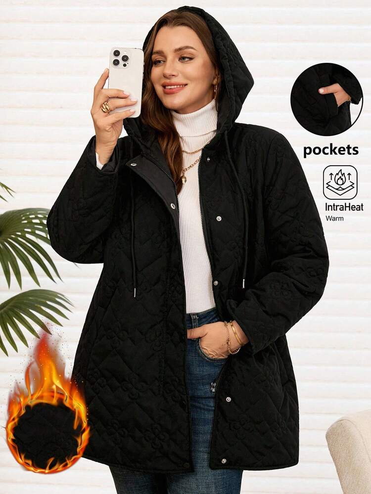Plus Size Women Winter Casual Zip-Up Pocket Warm Flower Quilting Solid Color Black Hooded Padded Coat, Autumn/Winter,Women Plain Hooded Padded Winter Coat With Pockets,Fall/Winter Going Out,2025 New,Breathable And Comfortable