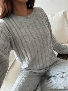 SHEIN Unity 女士休闲宽松百搭时尚百搭麻花针织纹理圆领毛衣裤两件套，秋冬 - 灰色 - 查看 1