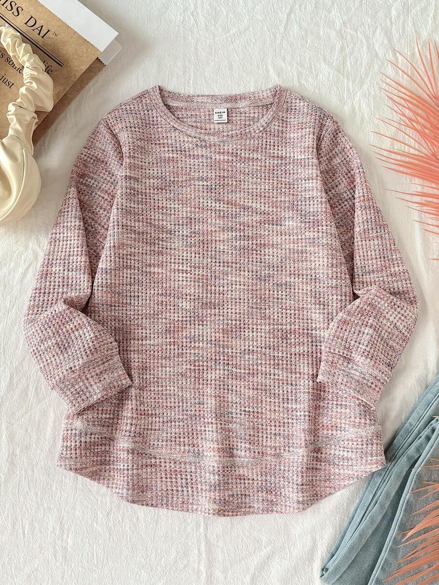 SHEIN Tween 女童不对称下摆花卉网眼华夫格纹理休闲运动舒适优雅分层上衣,适合秋冬季 - 粉色 - 查看 1