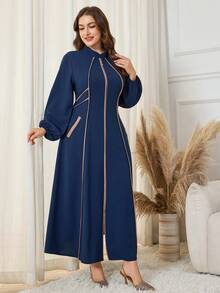 Al Najma Große Größen Elegantes, vielseitiges Alltagskleid für Damen mit Mandarin-Kragen, Langarm, figurbetonter Passform, Kontrastbesatz und schräger Tasche